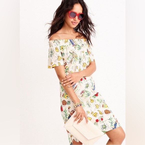 J. Crew Off-Shoulder Tropical Print Mini Dress - White and Multicolor - Picture 1 of 6
